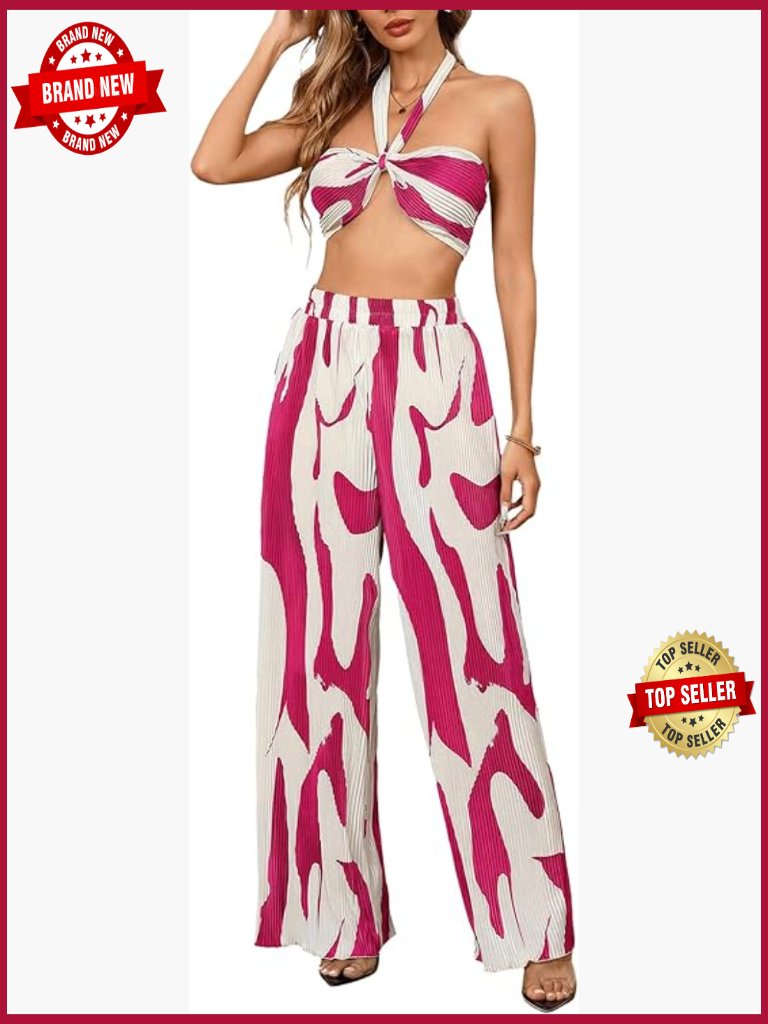 Graphic Print Crop Halter Top And Wide Leg Pants Set